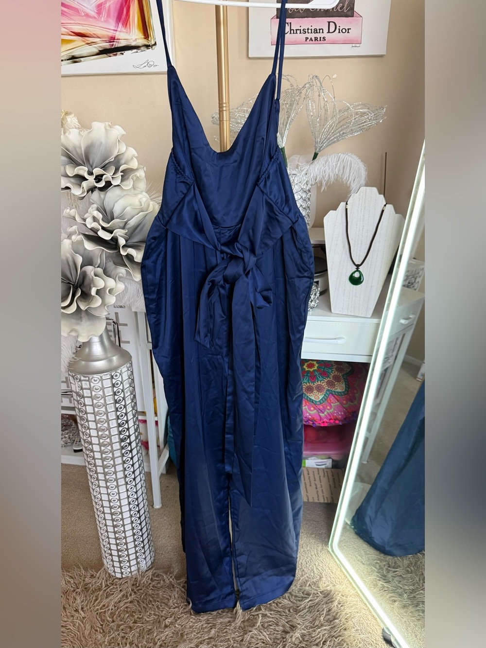 Cider Navy Satin Jumpsuit with Waist Tie